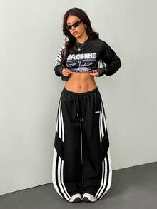 SHEIN PETITE Pantalones de paracaídas con bloques de color para mujer, pantalones cargo para primavera y verano, ropa de calle y salir - Negro - Ver 7