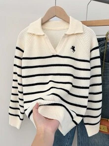 SHEIN Tween Girl Black And White Striped Autumn Knitted Polo Collar Sweater,Casual Back-To-School Ribbed Pullover,Everyday Wear Holiday Collegiate Fashion - Black and White - View 3
