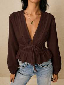 Poéselle 女士休闲通勤简约纯色 V 领灯笼袖前结短款上衣，春秋装