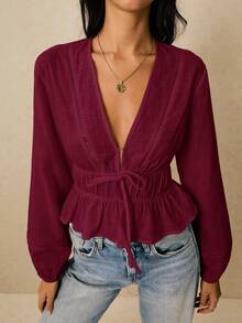 Poéselle 女士优雅纯色通勤衬衫，正面系带，荷叶边下摆，秋季