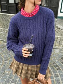 INAWLY Casual Solid Color Round Neck Long Sleeve Versatile Women Sweater - Navy Blue - View 2