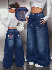 SHEIN PETITE 女式 Y2K 休闲时尚街头水钻十字图案宽松阔腿牛仔裤 - 深色水洗藍 - 查看 1