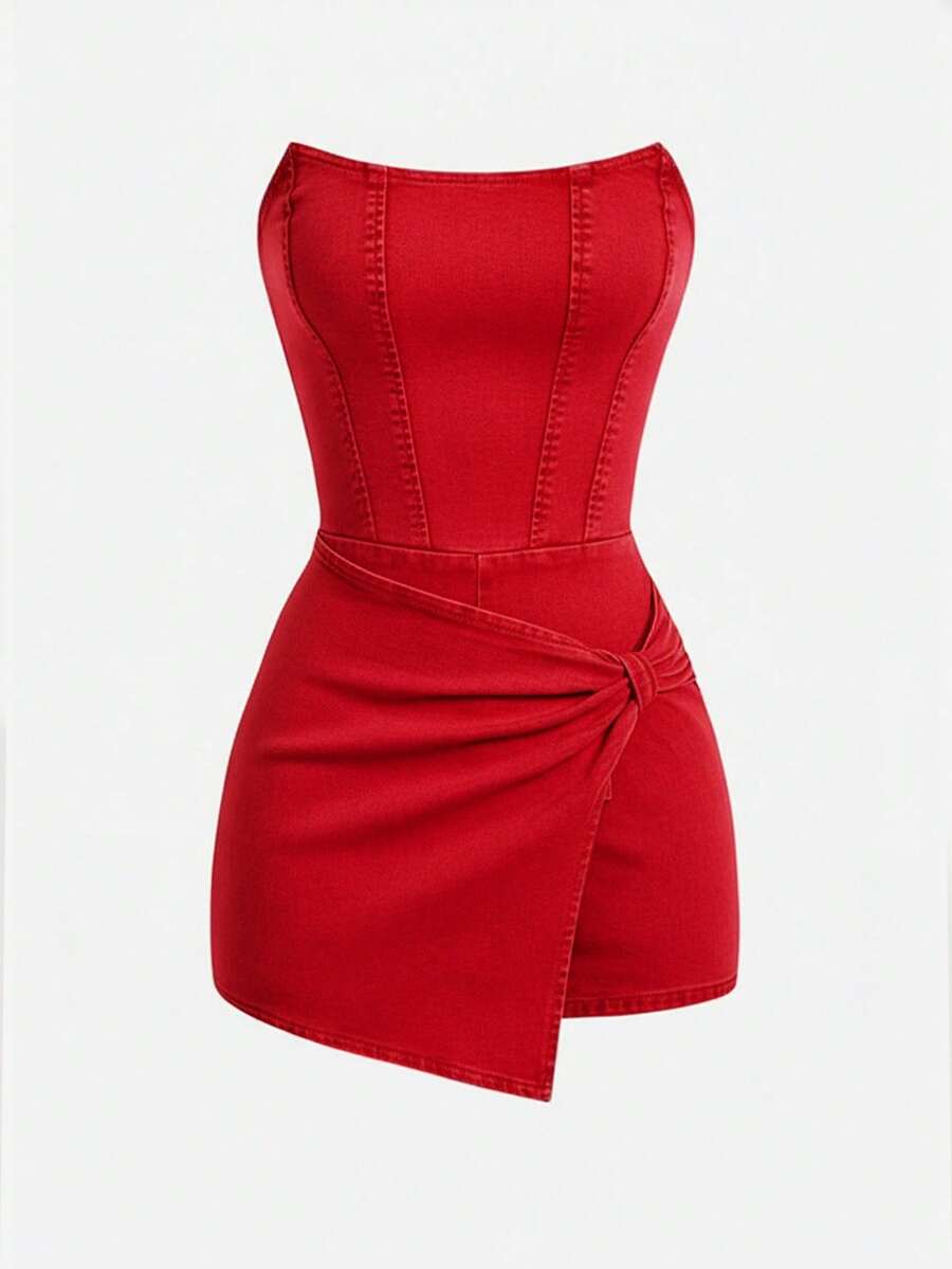 SHEIN MOD 女士时尚性感纯色抹胸牛仔连体裤 - 紅色 - 查看 1