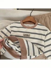 2pcs/Set Young Boy Knit Striped Crew Neck Casual Sweatshirt And Woven Long Pants Outfit Fall Winter - Multicolor - View 8