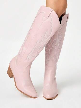 Klassisches Slip-On Design mit spitzer Zehenkappe und bestickten Western Stiefeln, Kawaii rosa Leder Overknee Stiefel