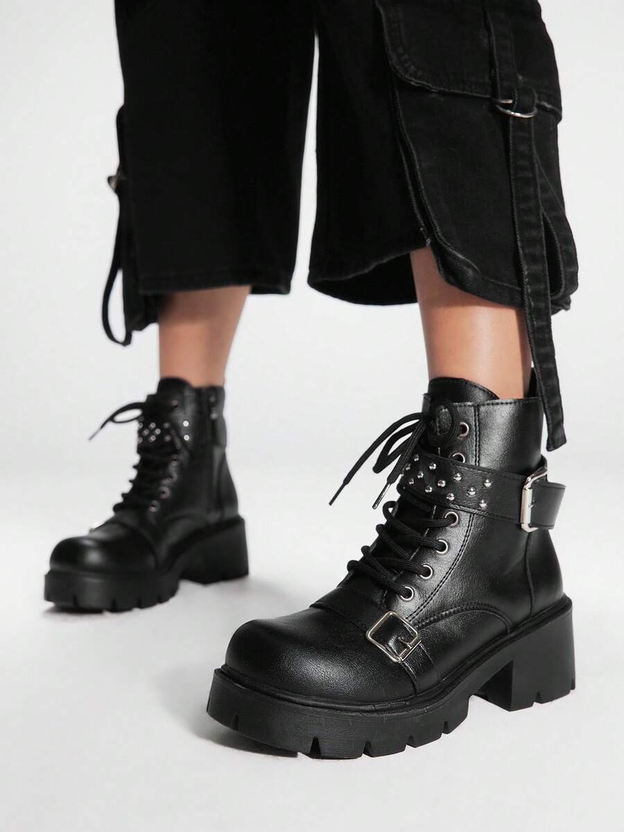 Sugerpunk 女式黑色侧拉链粗跟马靴，系带，皮带扣，暗摇滚朋克哥特风格踝靴和短靴 - 黑色 - 查看 1