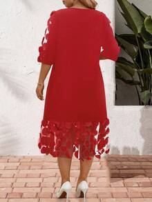 Rometta Plus Size Women Round Mesh Patchwork Loose Fit Short Sleeve Round Neck Dress - Red - View 2