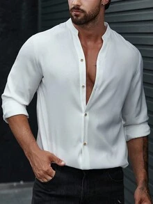 Manfinity Homme Camisa casual de manga larga con botones de corte slim, de color liso, para hombre, para otoño - Blanco - Ver 5