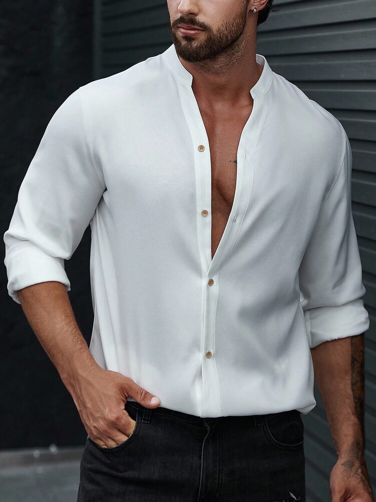 Manfinity Homme Camisa casual de manga larga con botones de corte slim, de color liso, para hombre, para otoño - Blanco - Añade 5