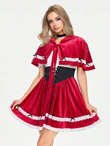 ROMWE Avant Damen Cosplay Rotkäppchen Umhang, Spitzen-Patchwork Kontrast-Farbig Off-Shoulder Ballonkleid 2-teiliges Set - Bordeaux - Übersicht 6