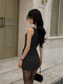 SHEIN PETITE Autumn Sleeveless Round Neck Ruched Waist Bodycon Polka Dot Mini Dress, Flattering Petite Design For Women - Black - View 2