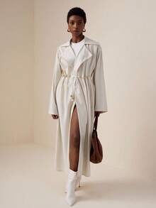 Vesra Beaded Drawstring Apricot Mid-Length Trench Coat - Apricot - View 3