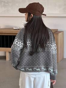 DAZY 女童复古图案长袖开衫 - 灰色 - 查看 7