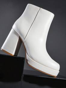 SHUZIA Giày bốt đế vuông đế giữa, bền bỉ, thoải mái dành cho nữ - Màu be - Xem 6