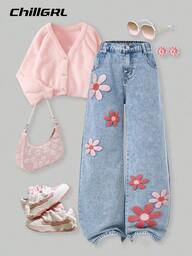 SHEIN Tween Girls Jeans - New Fashion Distressed Snow Wash Embroidered Wide Leg Jeans, Minimalist Style, Urban City Girl, Vintage Washed Denim Color, Y2K Academic Streetwear Casual Cute Retro, Square Button Waist Cutout, Comfortable Cotton Denim, Light Blue Denim Dress For All Seasons, Fashionable Chic Daily Wear, School, Commute, Party, Home, Back To School, Holiday, Autumn New Arrival Flower Pants Tween Jean Pants Embroidery Flower Jeans 90s Kids Outfit Girls Spring Summer Outfits Full Outfits For 1 Fall Winter