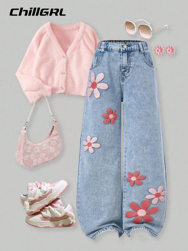 SHEIN Tween Girls Jeans - New Fashion Distressed Snow Wash Embroidered Wide Leg Jeans, Minimalist Style, Urban City Girl, Vintage Washed Denim Color, Y2K Academic Streetwear Casual Cute Retro, Square Button Waist Cutout, Comfortable Cotton Denim, Light Blue Denim Dress For All Seasons, Fashionable Chic Daily Wear, School, Commute, Party, Home, Back To School, Holiday, Autumn New Arrival Flower Pants Tween Jean Pants Embroidery Flower Jeans 90s Kids Outfit Girls Spring Summer Outfits Full Outfits For 1 Fall Winter