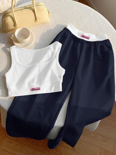 Comfortcana Set de 2 piezas de top de tirantes con estampado de letras y pantalones con bloques de color contrastante, color amarillo crema, para vacaciones de verano