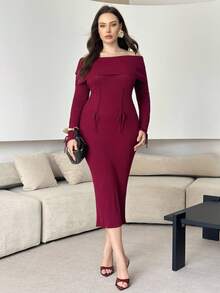 Modelyn 秋季大码女式纯色露肩长袖系带设计修身优雅针织连衣裙 - 酒紅色 - 查看 3