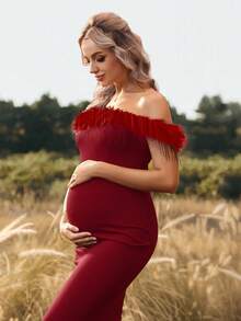 Cheriluna Maternity 孕妇写真礼服/优雅派对礼服/迎婴派对礼服 - 露肩仿羽毛领修身美人鱼长裙 - 酒紅色 - 查看 4