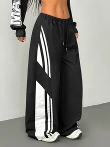 SHEIN PETITE Pantalones de paracaídas con bloques de color para mujer, pantalones cargo para primavera y verano, ropa de calle y salir - Negro - Ver 6