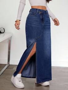 Siren Gaze 女式休闲水洗牛仔不对称口袋开衩裙，秋季 - 深色水洗藍 - 查看 3