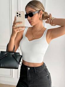 SHEIN Essnce Notched Detail Crop Tank Knit Top - White - View 4