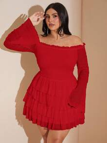 SHEIN BAE Váy mini trễ vai xếp ly xếp lớp màu trắng ngọt ngào và gợi cảm cỡ lớn - Đỏ - Xem 5