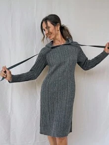 Vivie Lora 女式宽松粗针织连帽长袖毛衣裙 秋冬 - 灰色 - 查看 3