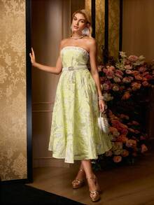 MOTF Soiréza 女士提花刺绣抹胸拼布喇叭下摆礼服鸡尾酒会筒裙（不含腰带） - 黃色 - 查看 4