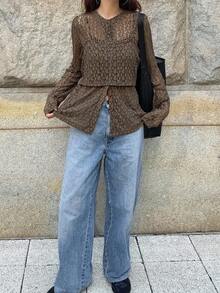 FRIFUL 2 件女士休闲套装：长袖单排扣上衣和吊带背心 - 棕色 - 查看 6