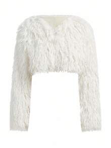 Y2Kool 女士短款仿皮草长袖外套，适合秋冬季节、派对、上学、休闲、朋克Y2K风格。皮草上衣短款外套，皮草外套搭配灵感，图案外套搭配灵感，时尚服装系列，新年穿搭。 - 米色 - 查看 5