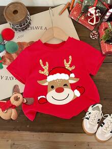 SHEIN Happikins Merry Christmas Baby Girl Red Summer Casual Graphic Family Matching Reindeer Print Crew Neck Short Sleeve T-Shirt,Cute Holiday Toddler Top - Multicolor - View 2
