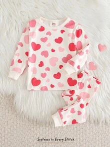 Cozy Pixies Off-White Autumn Cute Lounge Baby Girl Heart Shaped Set,Soft Knit Long Sleeve Crew Neck Top And Elastic Waist Pants Two Piece Pajama Snug Fit Clothing - Baby Pink - View 3
