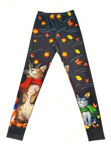 EMERY ROSE 可爱猫咪印花紧身裤，休闲松紧腰修身裤，女士服装 - 彩色 - 查看 4