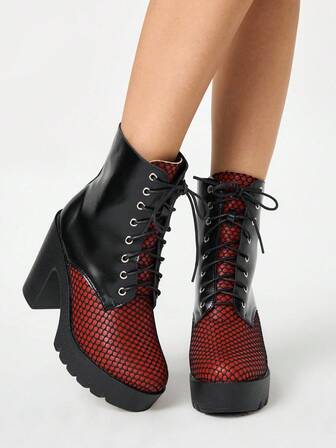 Grunge Punk Women's Gothic Round Toe Chunky Heel Platform Punk Boots, Suede & PU Patchwork, Black High Heel Boots Suitable For Party, Daily Wear, Evening Dress, Height Increasing And Leg Lengthening