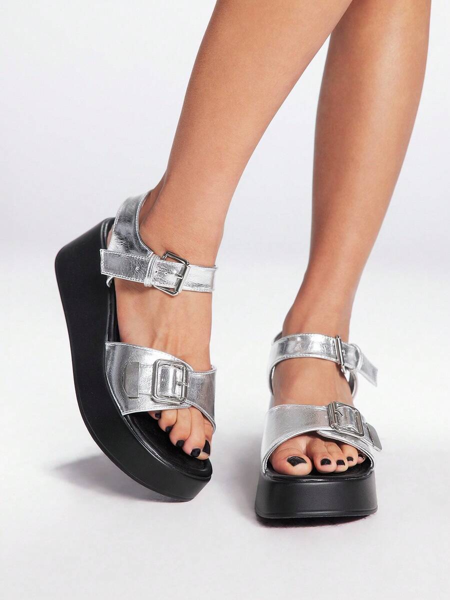Sugerpunk Women's Fashion Thick Sole Silver Metallic Double Buckle Open Toe Street Party Summer Sandals - Silver - View 1