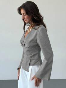 Aloruh New Stylish Commuter Waist Ruched Asymmetric Hem Long Flare Sleeve V-Neck Pullover Blouse - Grey - View 5