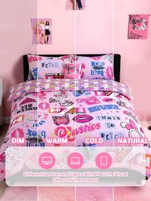 Mean Girls X SHEIN 3 pezzi Set biancheria da letto con stampa "Bad Girl" in materiale morbido e caldo, copripiumino colorato, adatto per letti singoli/matrimoniali/queen/king