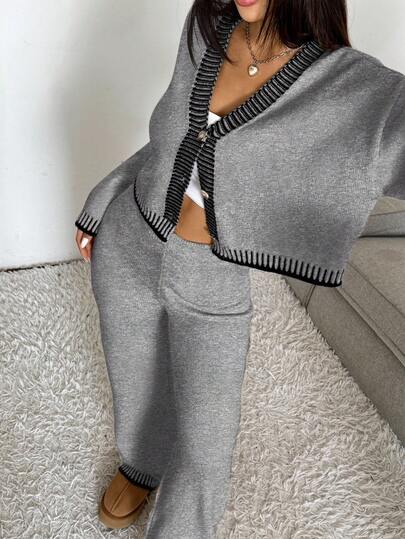 SHEIN EZwear 2pcs Women Contrast Trim V-Neck Button Front Long Sleeve Top And Pants Knit Sweater Set Knit Two Piece Set Two Piece Lounge Set Two Piece Set Women Grey Two Piece Set Comfortable Two Piece Set,Fall,Fall Clothes For Women