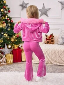 Set de 2 piezas de sudadera con capucha de terciopelo elegante y cómoda y pantalones jogger para niñas jóvenes, conjunto de atuendo casual y vintage lindo para otoño/invierno, estilos a juego madre-hija, hermana - Rosa - Ver 4