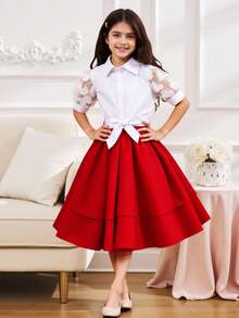 مجموعة بلوزة ذات طوق دانتيل مطرزة وتنورة قصيرة ذات كشكشة على الخصر لفتيات تين، طراز أنيق، مناسب للربيع والصيف والكريسماس 2 قطعة