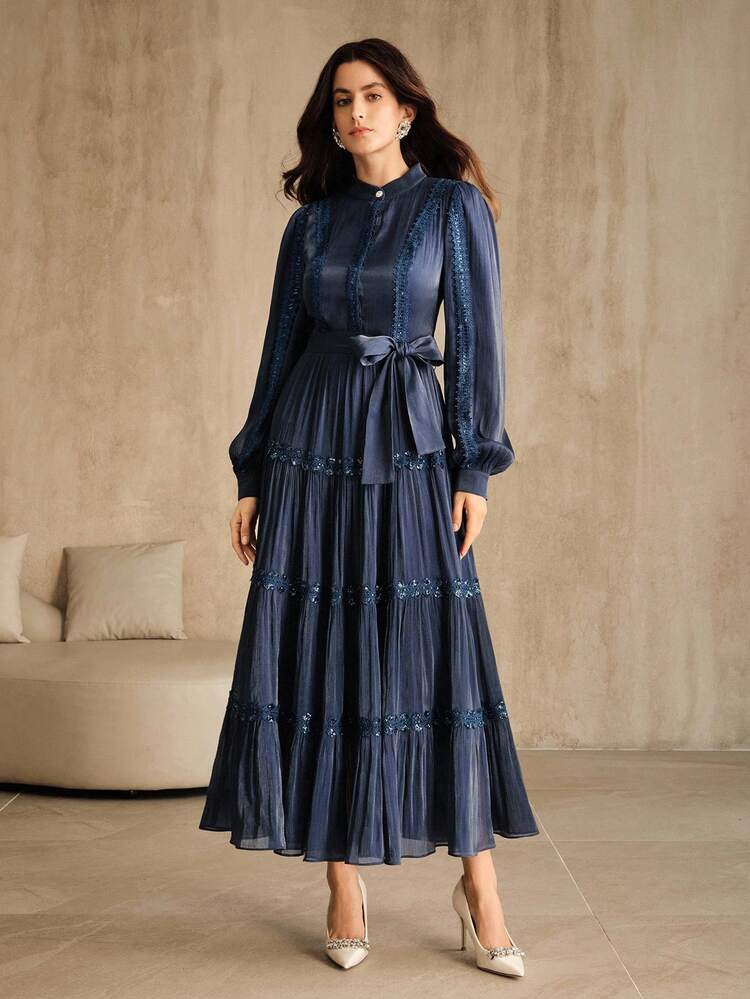 Anewsta Women's Chiffon Round Neck Lace Patchwork Long Sleeve Dress, Autumn/Winter - Royal Blue - View 4