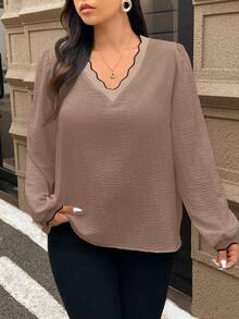 SHEIN Frenchy 秋季大码拼色长袖衬衫 - 卡其色 - 查看 4