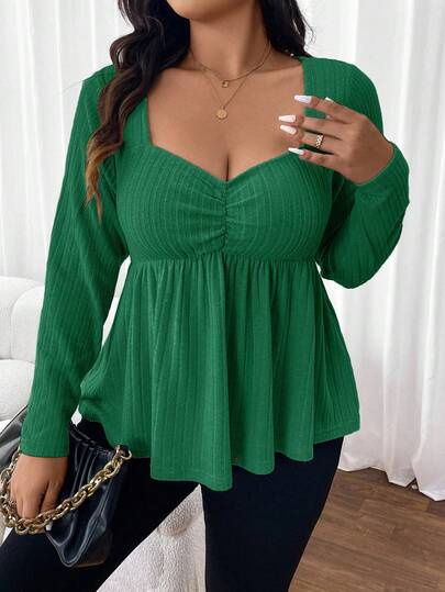 SHEIN Frenchy Plus Size Fall  Plain Sweetheart Neck Slub Fabric Long Sleeve T-Shirt