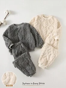 Cozy Pixies 4件套 男童保暖内衬圆领纹理毛绒长袖运动衫和松紧腰踝袖裤 - 杏色 - 查看 5