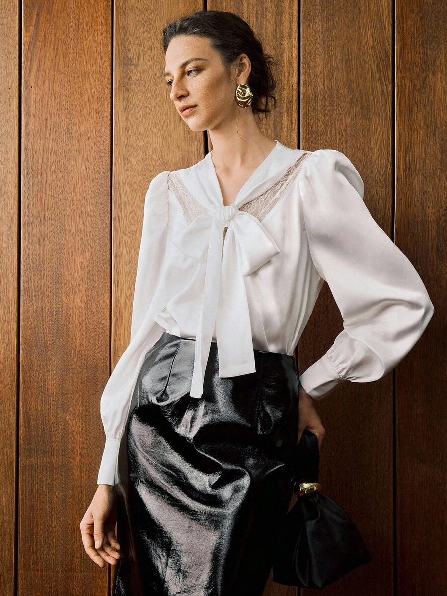 GENKIRA 法式优雅通勤女士蕾丝拼布 V 领系带衬衫，百搭分层衬衫，适合所有季节，秋冬 - 白色 - 查看 1