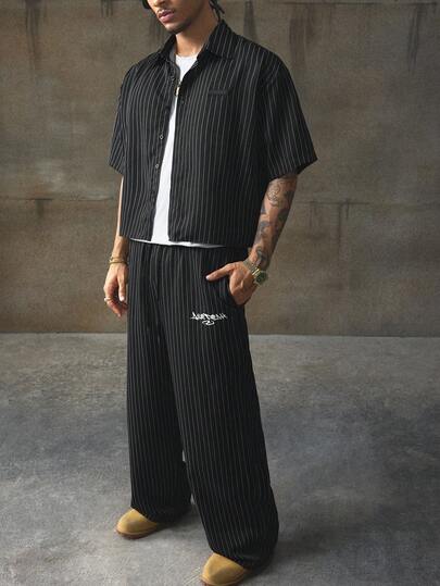 AXEPEAK 男士字母印花条纹短袖衬衫配阔腿裤休闲西装