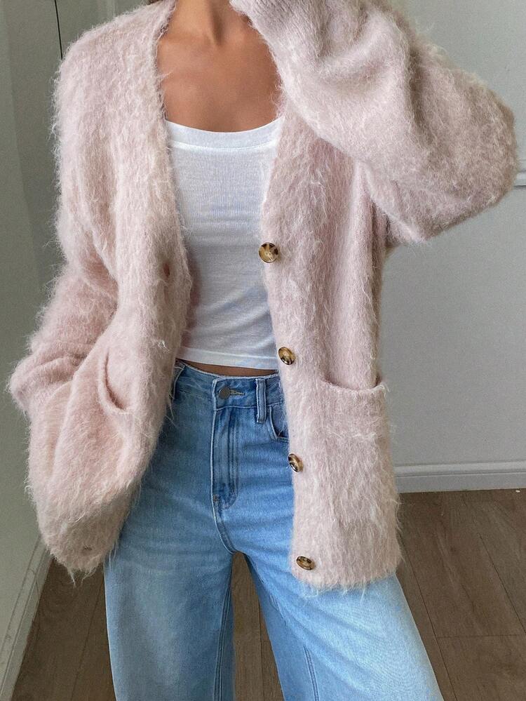 Women's Solid Color Loose V-Neck Long Sleeve Thick Knit Cardigan With Pockets, Casual Street Style For Autumn/Winter