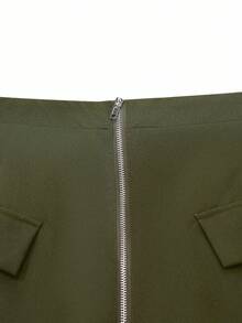 Modelyn Stylish Commuter Elegant Double Zipper Pocket Patchwork Long Plus Size Skirt - Army Green - View 5
