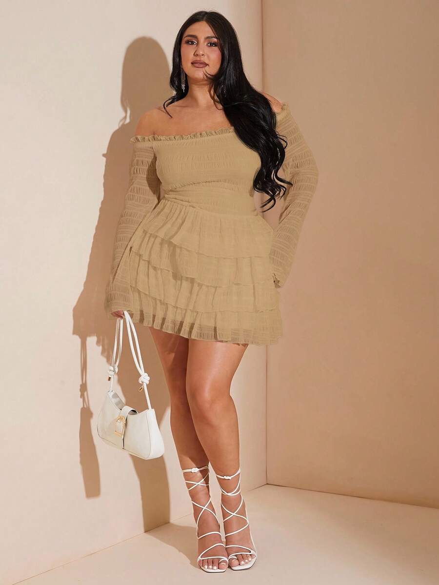 SHEIN BAE Váy mini trễ vai xếp ly xếp lớp màu trắng ngọt ngào và gợi cảm cỡ lớn - Màu be - Xem 1